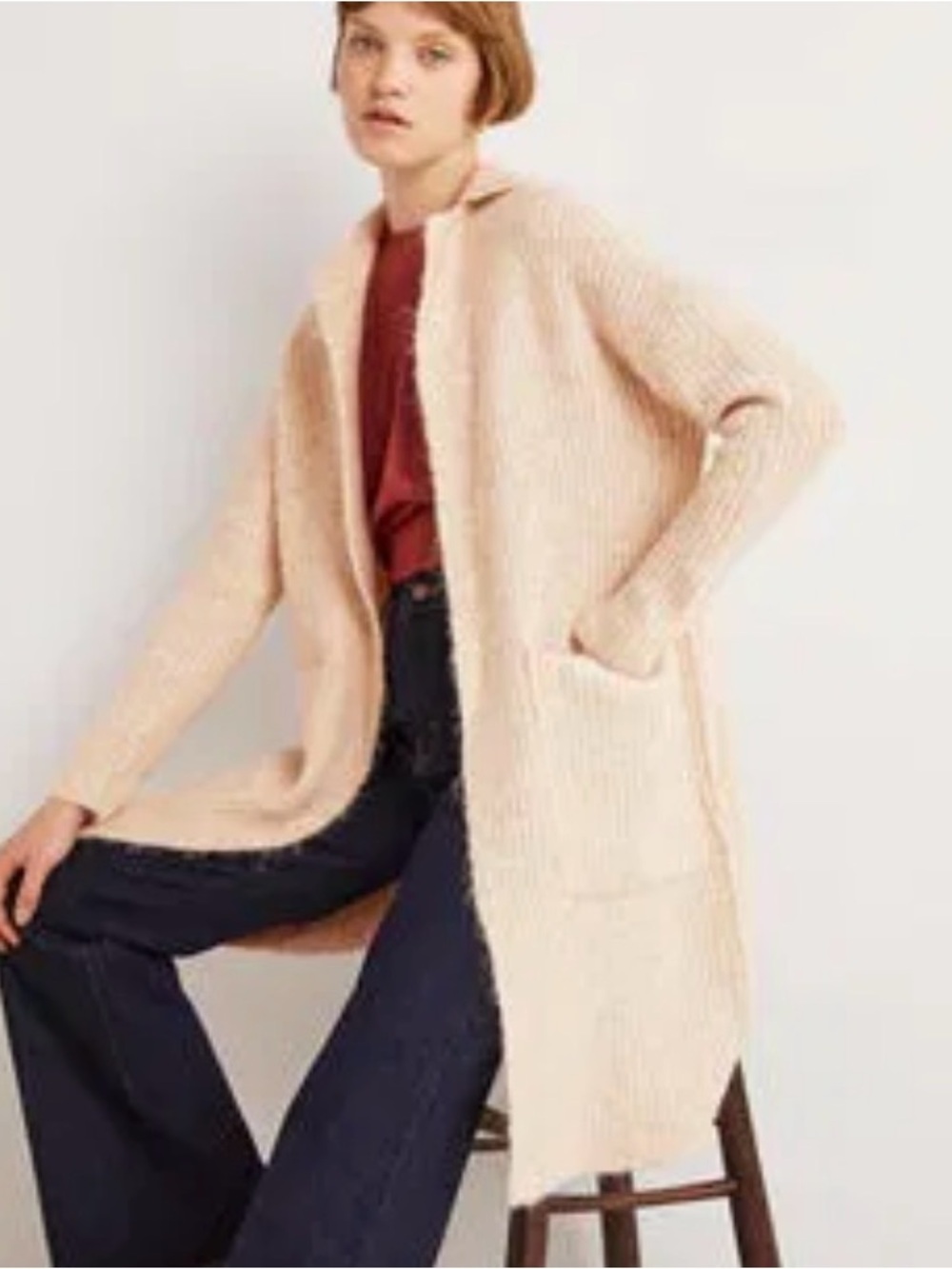 Boden Fluffy Ribbed Coatigan Large Oatmeal Long Open Cardigan Sweater Cozy Prep